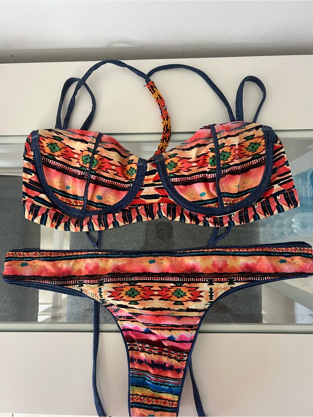 Agua Bendita Multicolor Tribal Print Bikini - Coral, Navy, Green